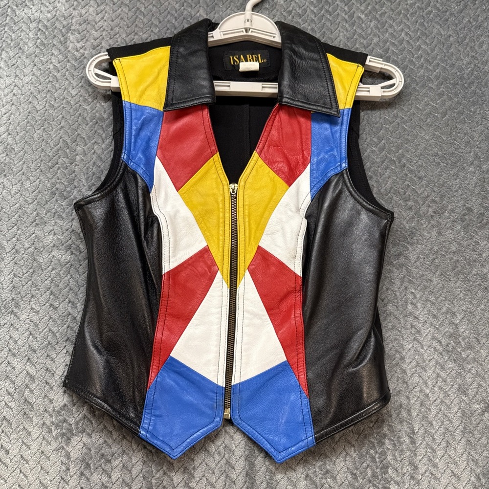 Vintage 80s Leather Vest Women's Small Colorblock Moto Isabel Made in USA Retro